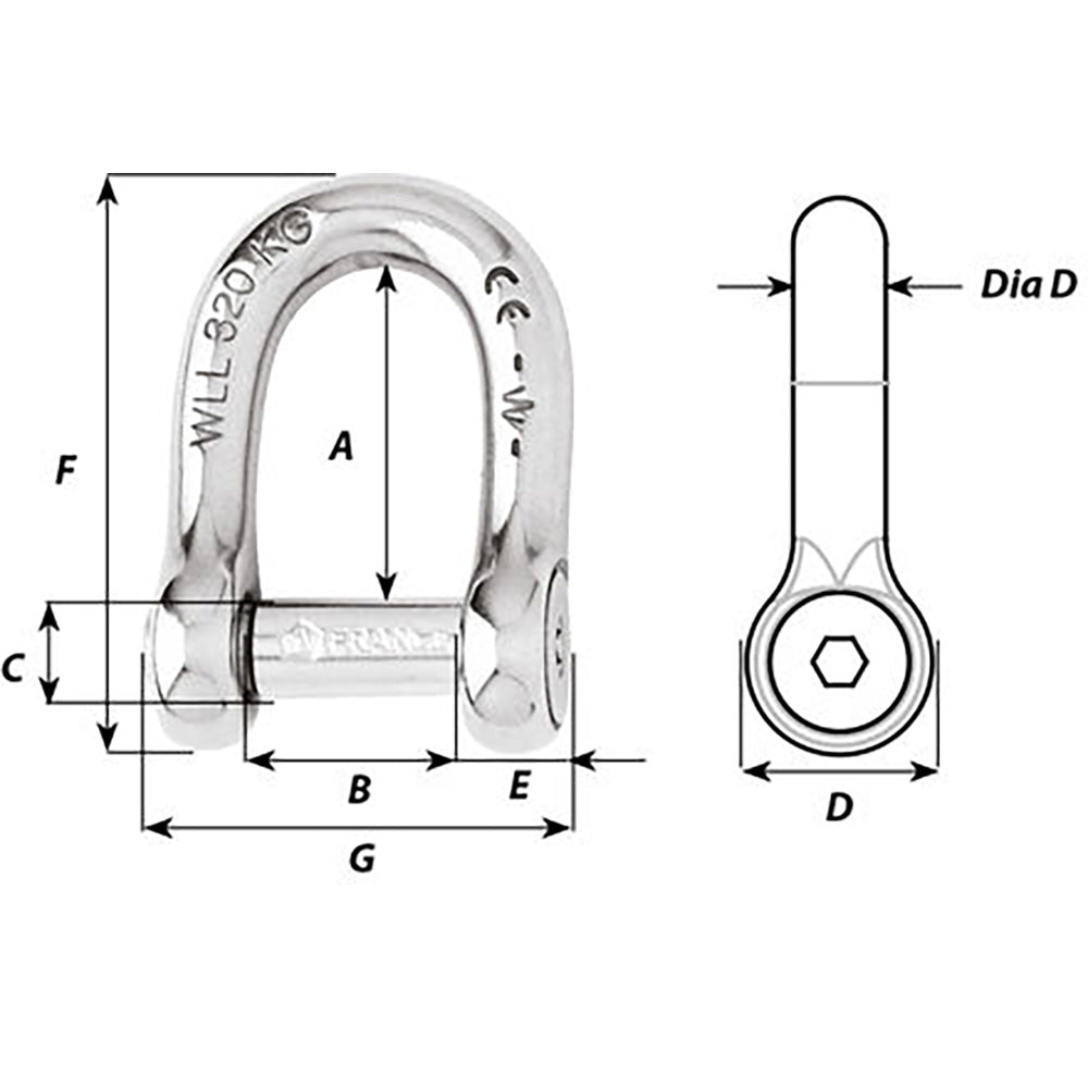 Wichard SelfLocking Allen Head Pin D Shackle  6mm Diameter  14 1303W